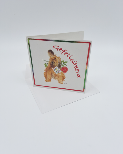 Vierkante wenskaart hond roos, "Gefeliciteerd"