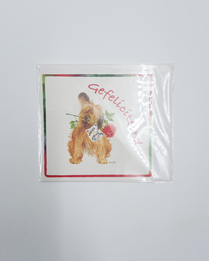 Vierkante wenskaart hond roos, "Gefeliciteerd"