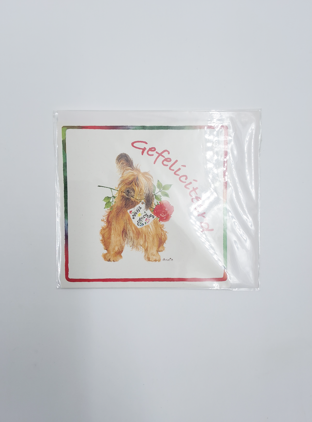 Vierkante wenskaart hond roos, "Gefeliciteerd"