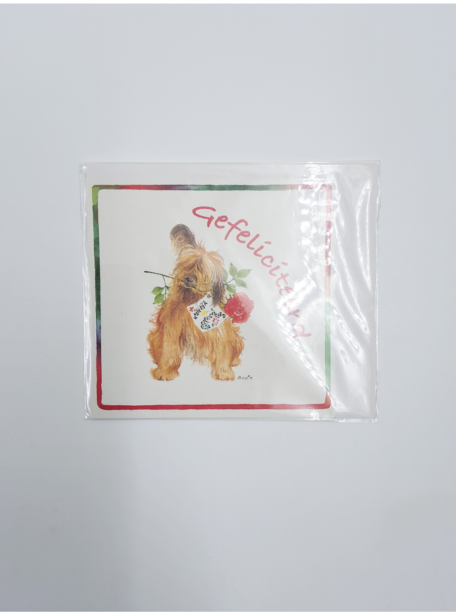 Vierkante wenskaart hond roos, "Gefeliciteerd"