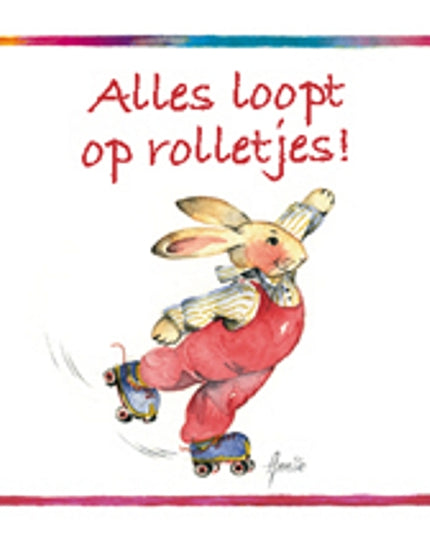 Vierkante wenskaart konijn, "Alles loopt op rolletjes"