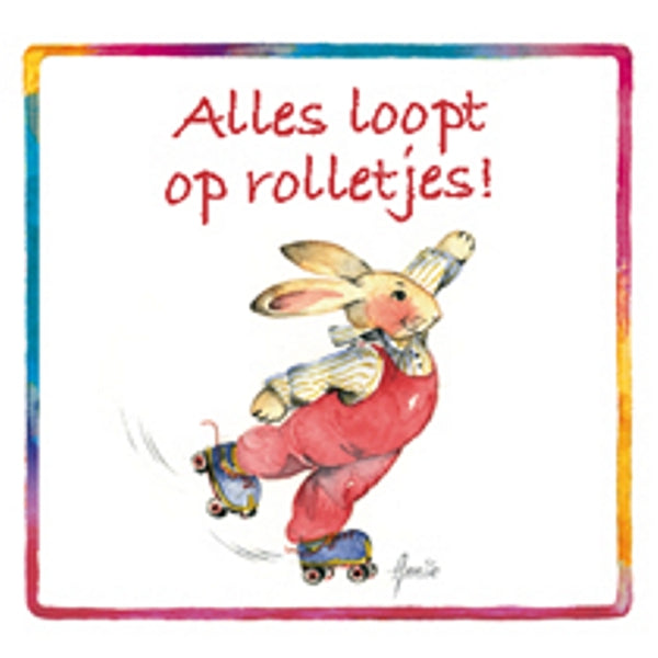 Vierkante wenskaart konijn, "Alles loopt op rolletjes"