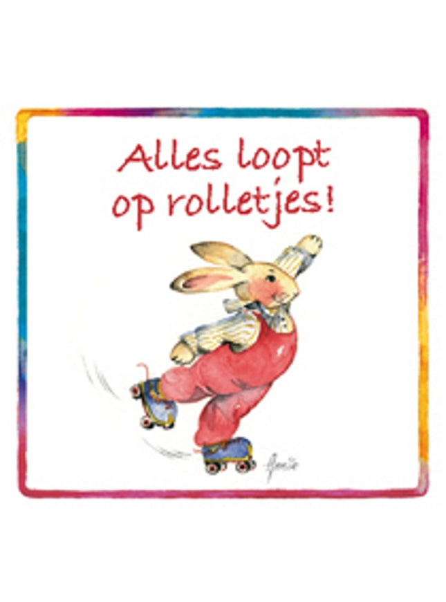 Vierkante wenskaart konijn, "Alles loopt op rolletjes"