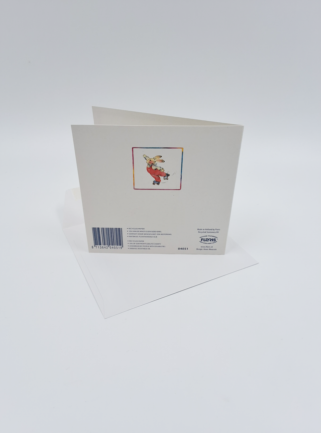 Vierkante wenskaart konijn, "Alles loopt op rolletjes"