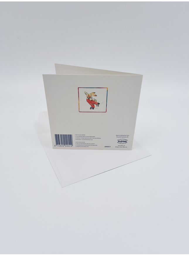 Vierkante wenskaart konijn, "Alles loopt op rolletjes"