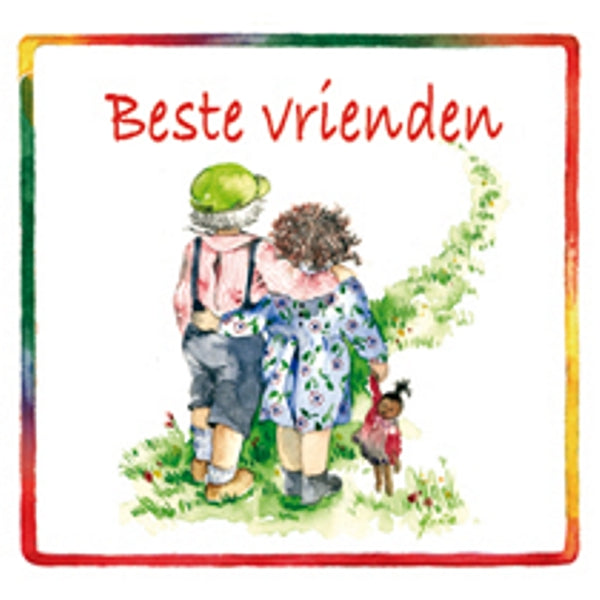 Vierkante wenskaart jongen en meisje, "Beste vrienden"