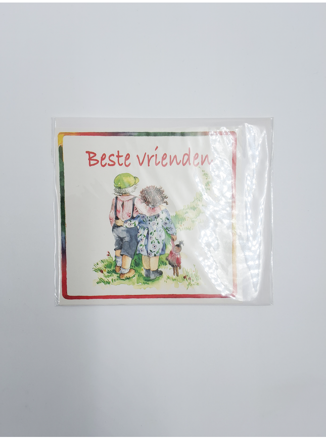 Vierkante wenskaart jongen en meisje, "Beste vrienden"