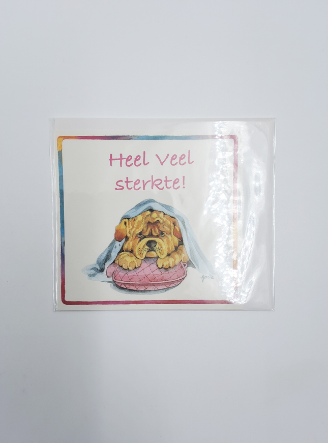 Vierkante wenskaart hond, "Heel veel sterkte"