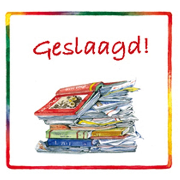 Vierkante wenskaart boeken, "Geslaagd!"