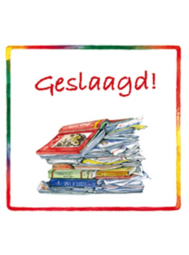 Vierkante wenskaart boeken, "Geslaagd!"
