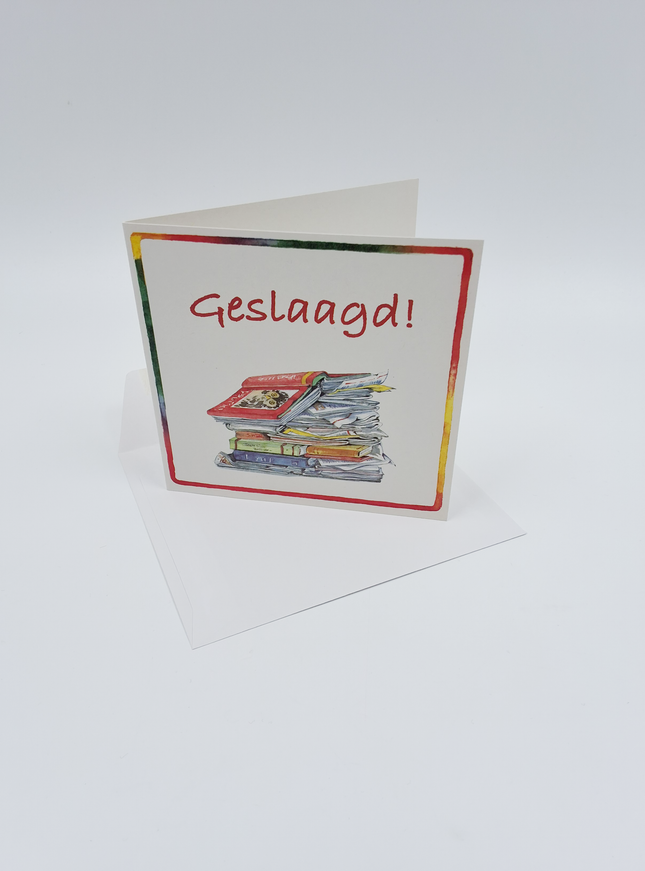 Vierkante wenskaart boeken, "Geslaagd!"