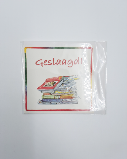 Vierkante wenskaart boeken, "Geslaagd!"