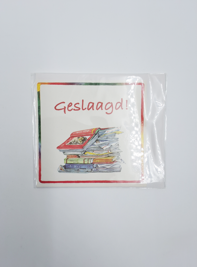 Vierkante wenskaart boeken, "Geslaagd!"