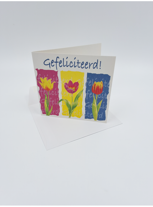Vierkante wenskaart tulpen, "Gefeliciteerd!"