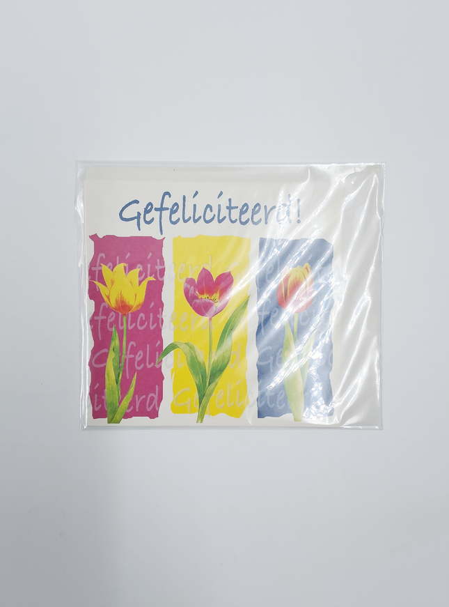 Vierkante wenskaart tulpen, "Gefeliciteerd!"