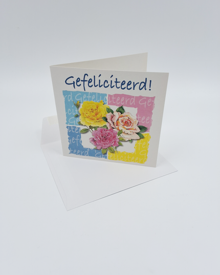 Vierkante wenskaart rozen, "Gefeliciteerd!"