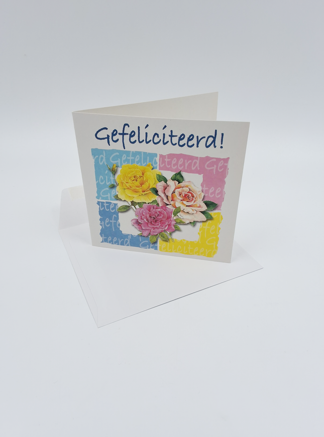 Vierkante wenskaart rozen, "Gefeliciteerd!"