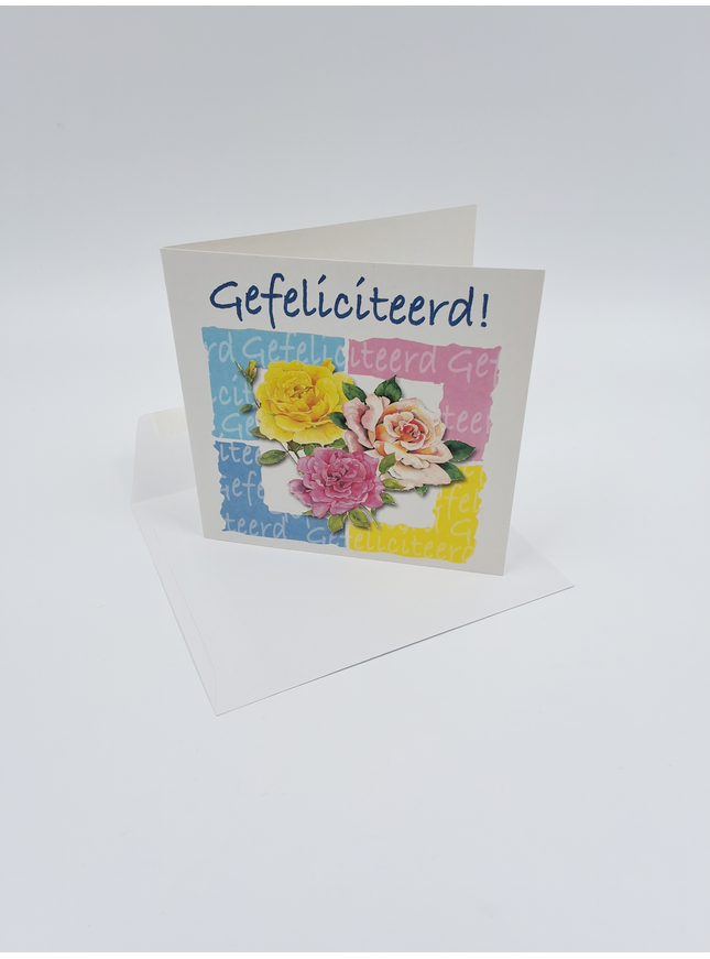 Vierkante wenskaart rozen, "Gefeliciteerd!"