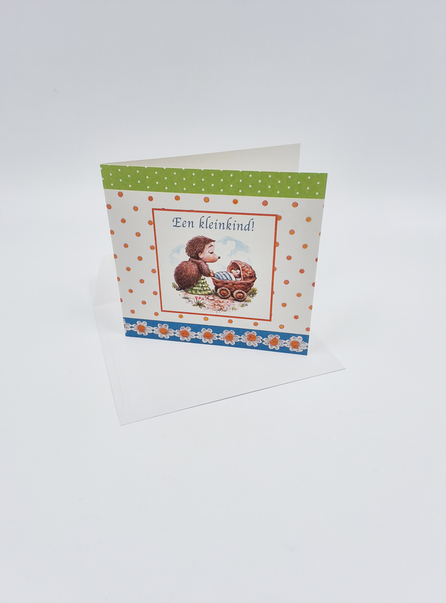 Vierkante wenskaart tulpen, "Een kleinkind!"