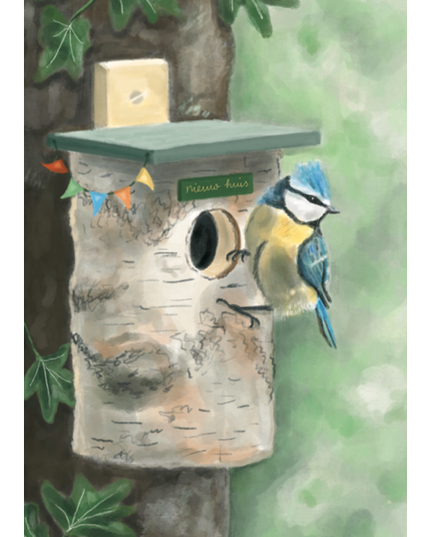 Wenskaart vogel en vogelhuis