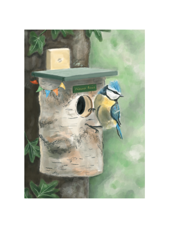 Wenskaart vogel en vogelhuis