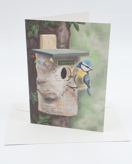 Wenskaart vogel en vogelhuis