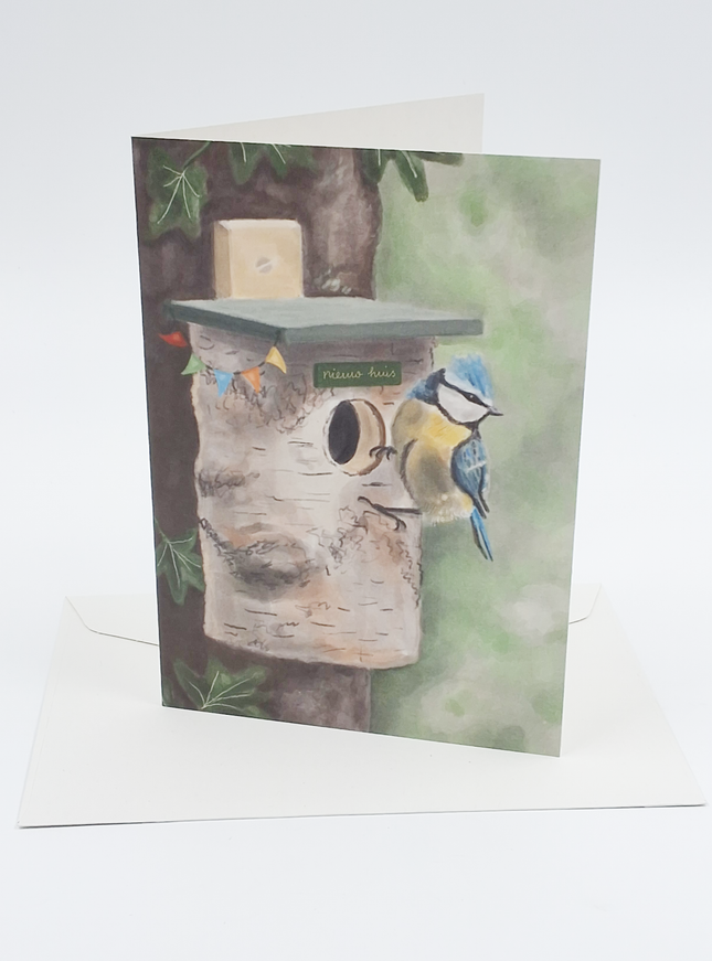 Wenskaart vogel en vogelhuis