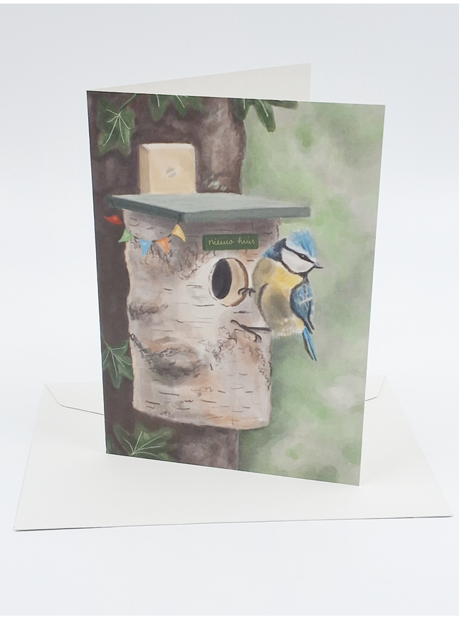 Wenskaart vogel en vogelhuis