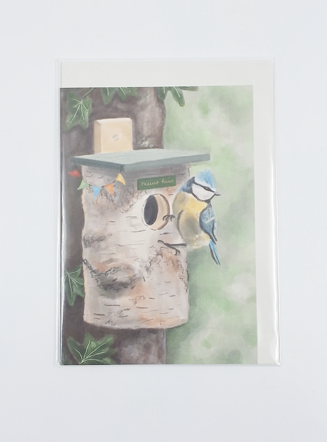 Wenskaart vogel en vogelhuis