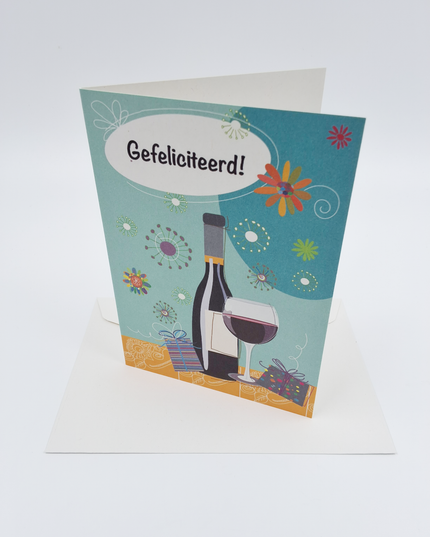 Wenskaart gefeliciteerd fles wijn