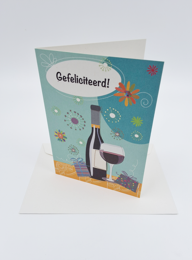 Wenskaart gefeliciteerd fles wijn