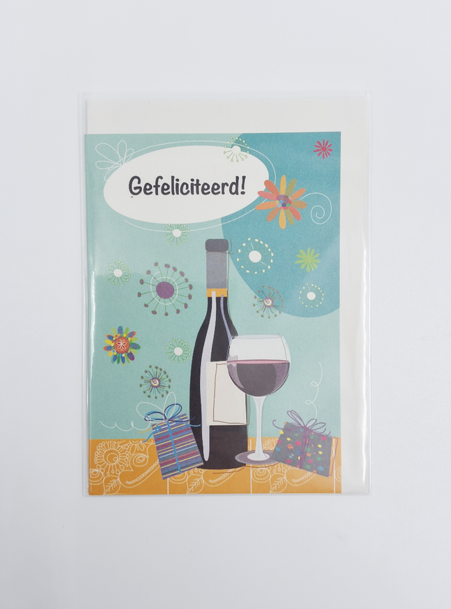 Wenskaart gefeliciteerd fles wijn