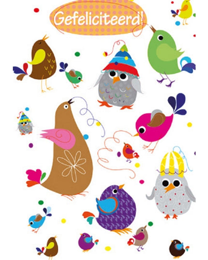 Wenskaart diverse vogels gefeliciteerd