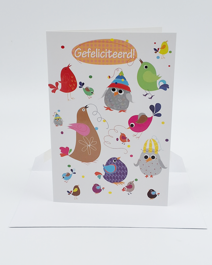 Wenskaart diverse vogels gefeliciteerd