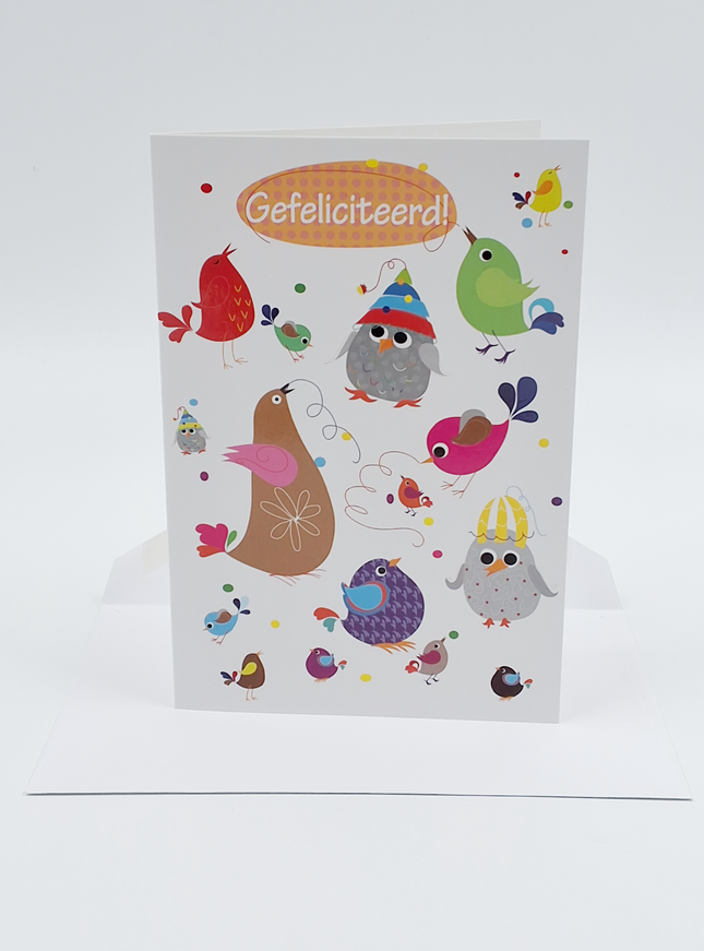 Wenskaart diverse vogels gefeliciteerd