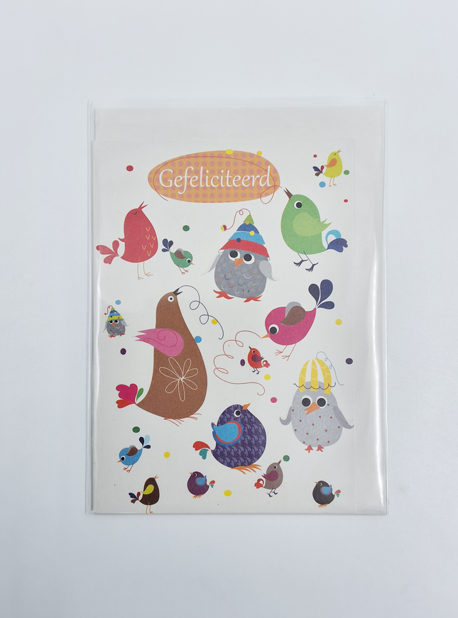 Wenskaart diverse vogels gefeliciteerd