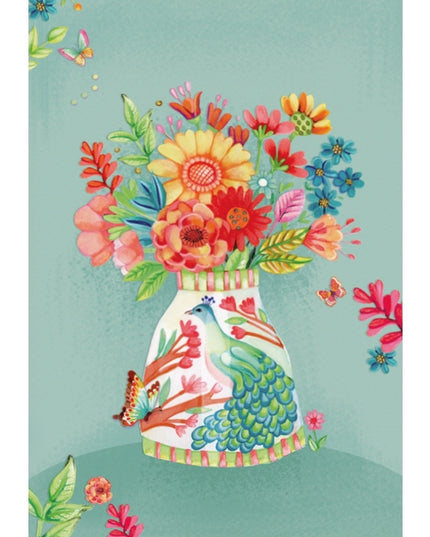 Wenskaart vaas met pauw en bloemen