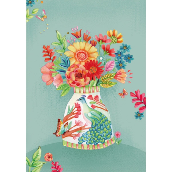 Wenskaart vaas met pauw en bloemen