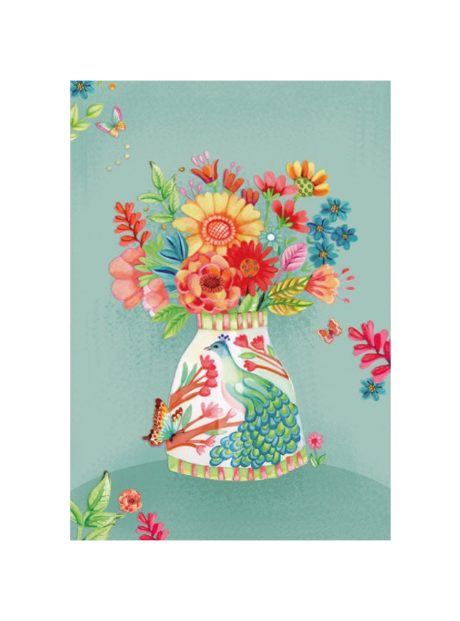 Wenskaart vaas met pauw en bloemen