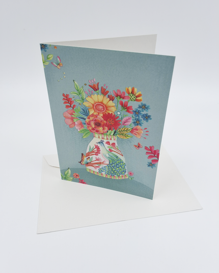 Wenskaart vaas met pauw en bloemen