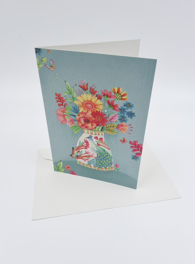 Wenskaart vaas met pauw en bloemen