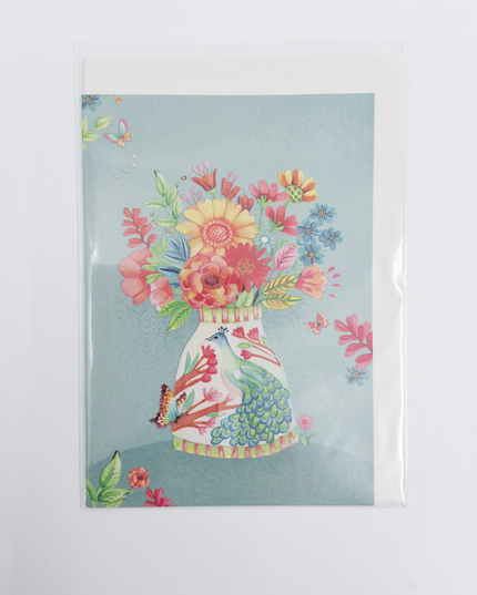 Wenskaart vaas met pauw en bloemen