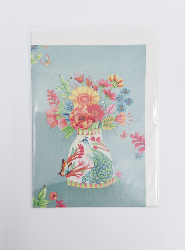 Wenskaart vaas met pauw en bloemen