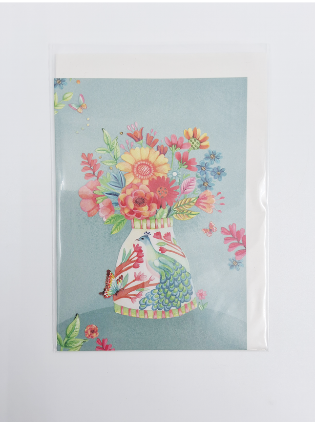 Wenskaart vaas met pauw en bloemen