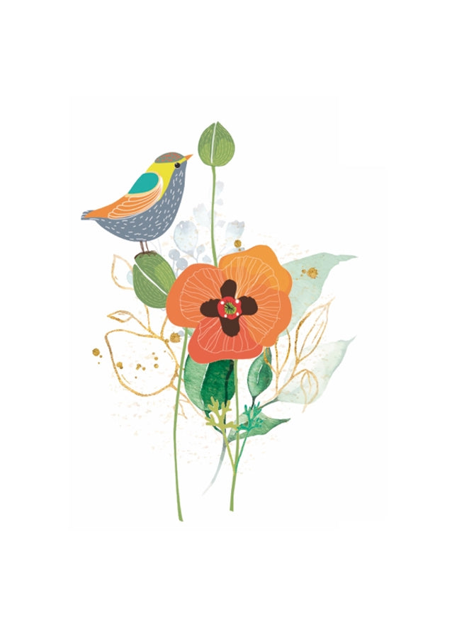 Wenskaart vogel op bloemen