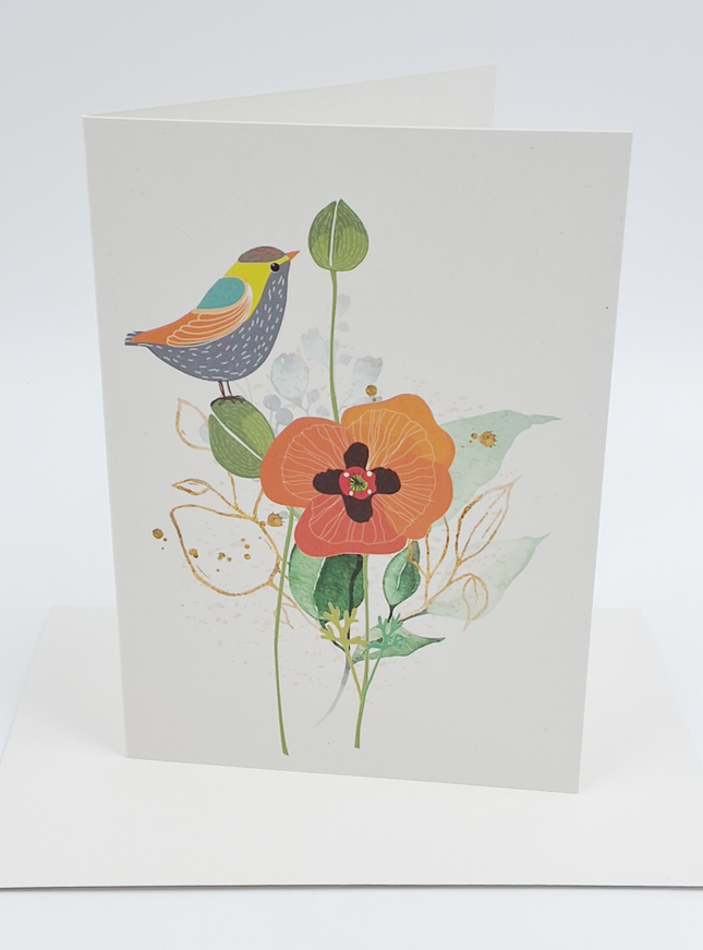 Wenskaart vogel op bloemen (F10041)