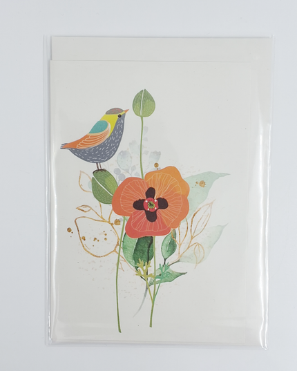 Wenskaart vogel op bloemen (F10041)