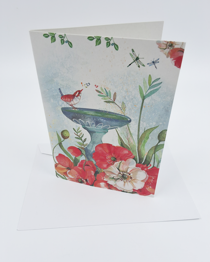 Wenskaart vogel op fontein