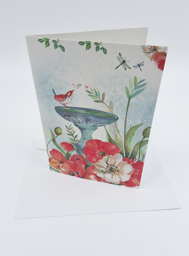 Wenskaart vogel op fontein