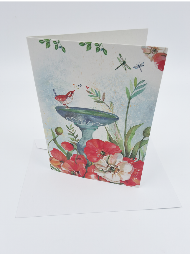 Wenskaart vogel op fontein